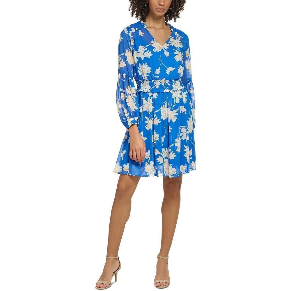 Tommy Hilfiger Floral Smocked Mini Dress Size 6 Blue V-Neck Long Sleeve NWT B85